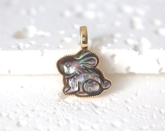 Solid 14K Gold Small Rabbit Necklace Mother of Pearl Pendant Charm Solid 14K Gold Rabbit Pendant Bunny Charm Pendant Carved mother of pearl