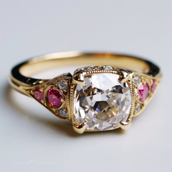 Made to Order. Art Deco Style Old Mine Cut Gemstone ring with Diamond and Pink Sapphire.