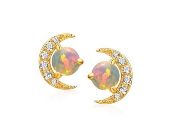 Opal Diamond Crescent Earrings Solid Yellow Gold Opal gift for her minimal Opal jewelry. Made to Order