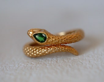 14K gold serpent ring jewelry Vintage-inspired 14K gold snake ring Custom 14K snake ring gold serpent ring with gemstone eyes. Made to Order