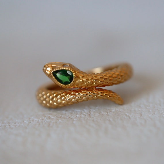 14K gold serpent ring jewelry Vintage-inspired 14K gold snake ring Custom 14K snake ring gold serpent ring with gemstone eyes. Made to Order
