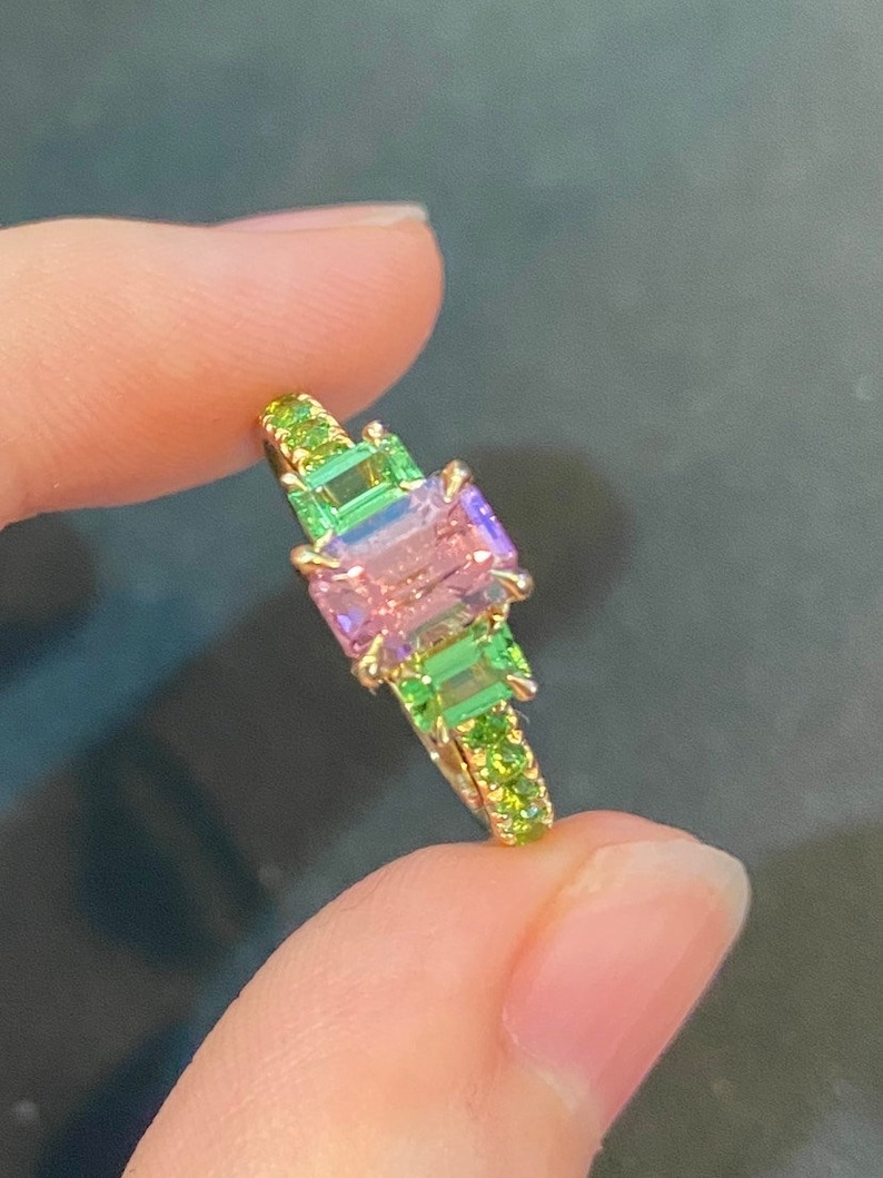 Pink Malaya garnet diamond Trilogy ring