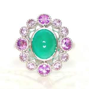 Emerald Cabochon Halo Ring with Pink sapphires Natural Emerald Art Deco Inspired Emerald Ring with Pink Sapphires in 14K White Gold US7 RTS image 1