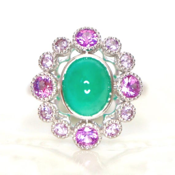 Emerald Cabochon Halo Ring with Pink sapphires Natural Emerald Art Deco Inspired Emerald Ring with Pink Sapphires in 14K White Gold US7 RTS