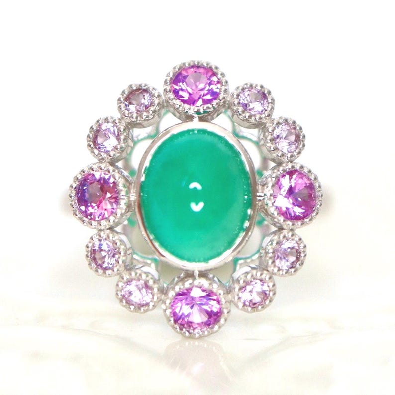 Emerald Cabochon Halo Ring with Pink sapphires Natural Emerald Art Deco Inspired Emerald Ring with Pink Sapphires in 14K White Gold US7 RTS image 1