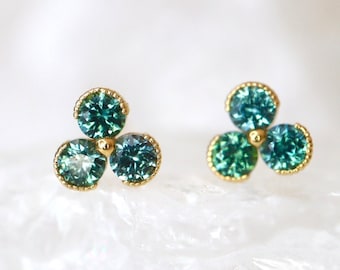 Back in Stock! Teal Sapphire Trio Stud Earrings in 14Kt YELLOW Gold Sapphire Minimal Trio Studs Earrings Push Back Earrings Montana Sapphir