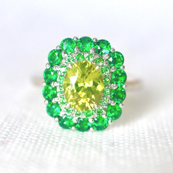 Neon Yellow Chrysoberyl Halo Ring with Tsavorites and mint garnet neon yellow and Neon Green Tsavorite ring 14K Made to Order