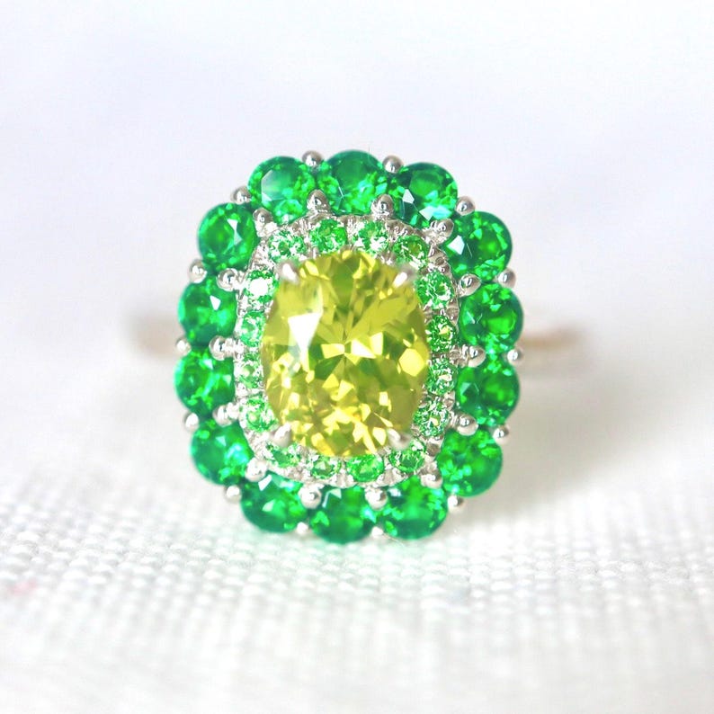 Neon Yellow Chrysoberyl Halo Ring with Tsavorites and mint garnet neon yellow and Neon Green Tsavorite ring 14K Made to Order image 1