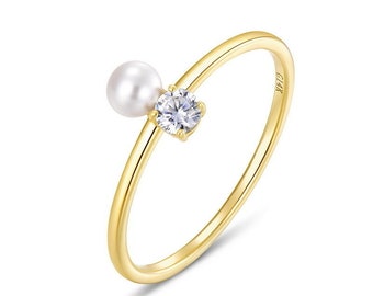 Pearl with Diamond Toi Et Moi Solid Yellow Gold gift for her minimal Emerald jewelry. Made to Order