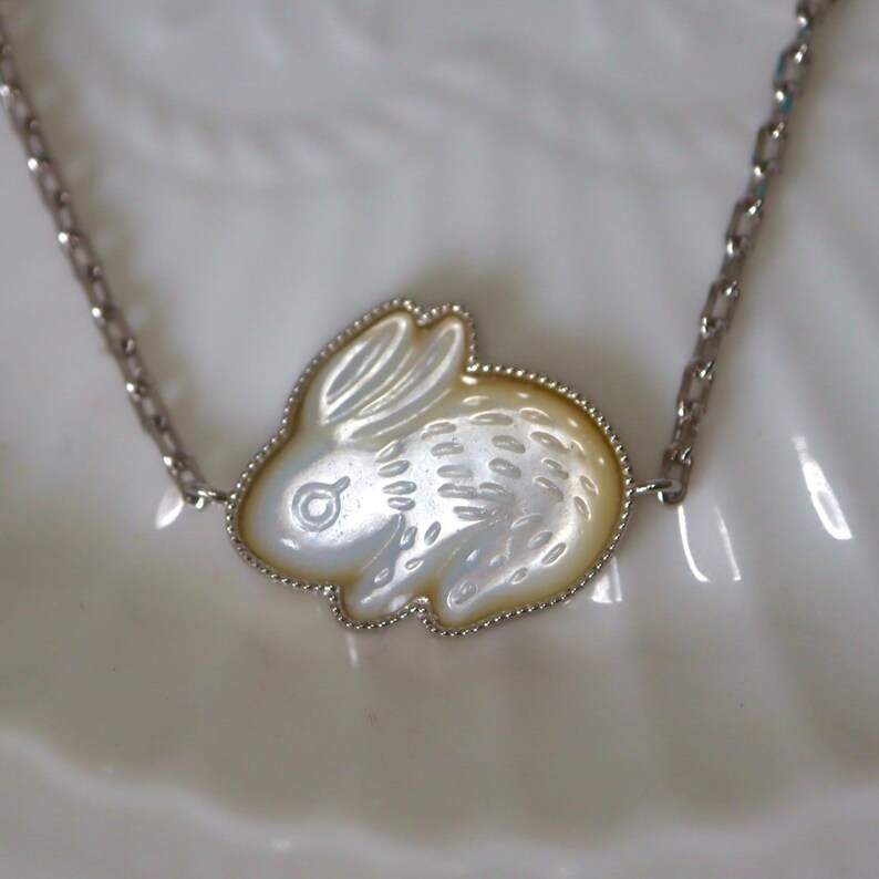 Bunny Owner Gift. Gifts for Bunny Owners. Mother of Pearl Bunny Necklace Sterling Silver. Pet