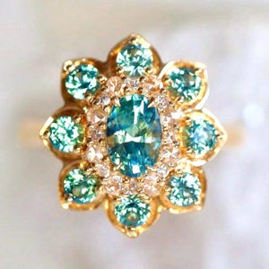 Teal Sapphire Halo Ring: Rose-Cut Diamond, 14K Yellow Gold