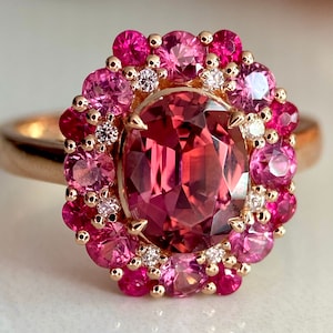 Purple Pink Rubellite Tourmaline with Pink Spinels and Diamonds Pink Engagement Ring Pink Cocktail Ring. Made to Order