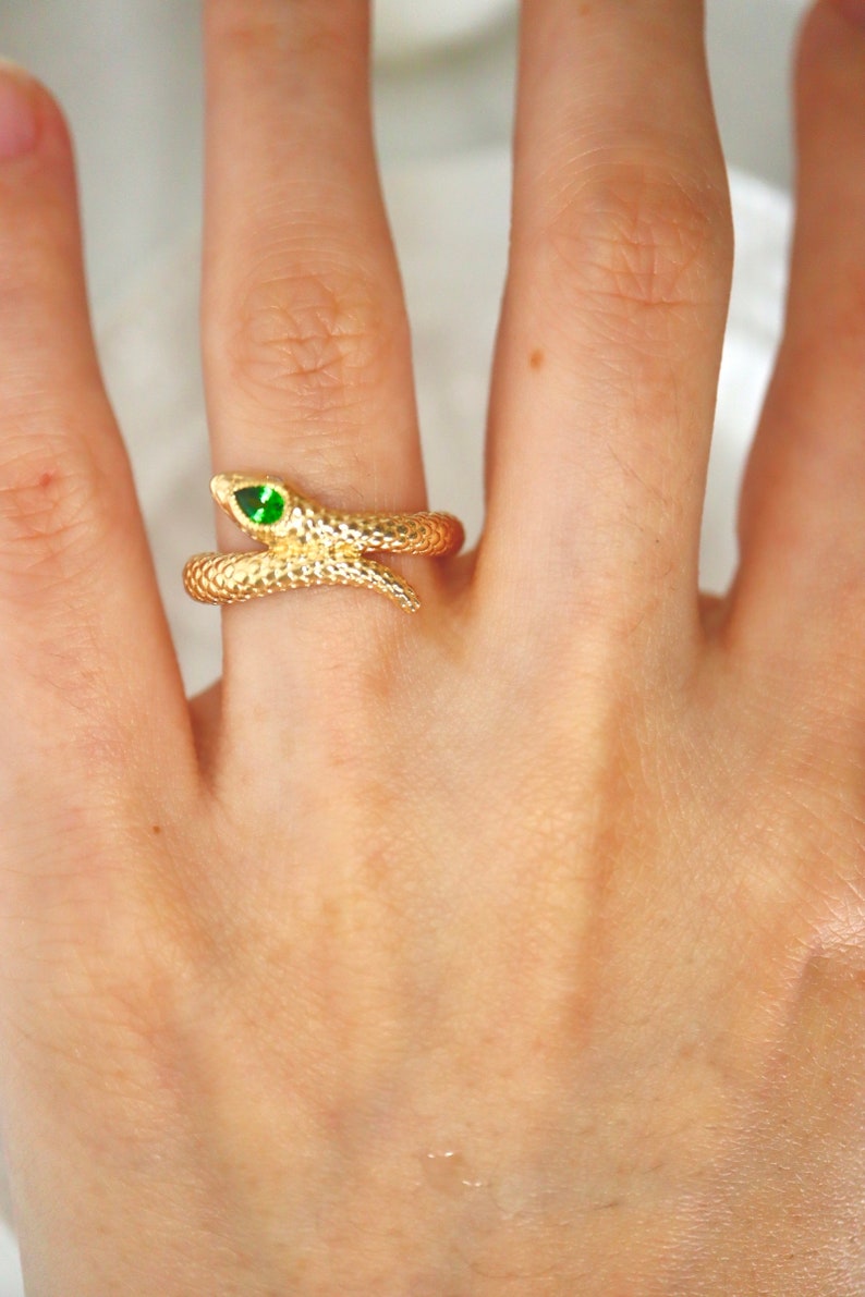 14K gold serpent ring jewelry Vintage-inspired 14K gold snake ring Custom 14K snake ring gold serpent ring with gemstone eyes. Made to Order image 8