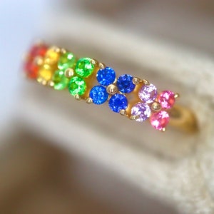 Rainbow Sapphire Band Colorful Gemstone for Wedding Floral Band natural gem Anniversary Gift for her Rainbow Gem Ring. 14K Yellow Gold.RTS