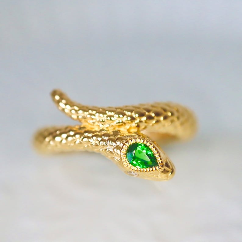 14K gold serpent ring jewelry Vintage-inspired 14K gold snake ring Custom 14K snake ring gold serpent ring with gemstone eyes. Made to Order image 4