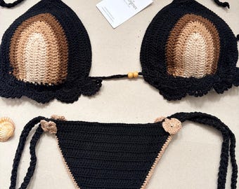 Schwarzer und beiger Häkelbikini mit Futter, Größe L, Cup C/D | Handgefertigter Häkelbadeanzug | Boho-Strandmode für Damen | Sommergeschenk 2026