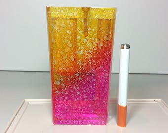 One Hitter Dugout Pink Yellow Red Blended Sponge Clear Acrylic Resin Spring Loaded 4" Tobacco Box Pocket Case + 3" Digger Bat Pipe FAST SHIP