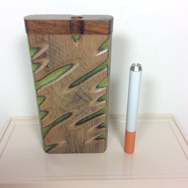 One Hitter Dugout GREEN Carved Slash Wood Spring Loaded Eject 4" Wood Tobacco Box Swivel Top Pocket Case + 3" Digger Bat Pipe FAST SHIPPING