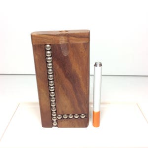 One Hitter Dugout Metal Round Studs Beaded Spring Loaded 4" Wood Grain Tobacco Box Swivel Pocket Case + 3" Digger Bat Pipe FAST SHIPPING