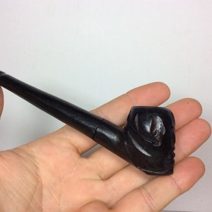 Carved Skeleton Skull Head 3 Piece Threaded Ebony Teak Wood Handmade Wooden Tobacco Pipe + 5 Stainless Bowl Screens 1/2&quot;x1/4&quot; FAST SHIPPING