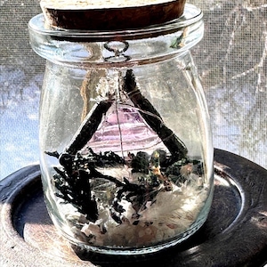 May include: A clear glass jar with a cork stopper, containing a miniature terrarium. Inside, a triangular structure is visible, along with dark twigs, green foliage, and white fragments. The jar sits on a dark, round tray.