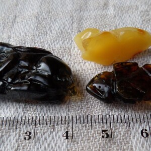May include: Three amber carvings of insects, one is a light yellow color, and the other two are dark brown. The carvings are displayed on a white fabric surface with a ruler for scale.