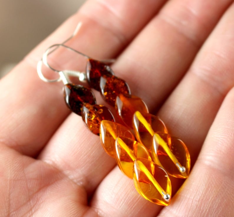 Genuine Baltic Amber Overlapping Mixed Earrings Silver Gem Gift Stone Cognac Orange Clear Yellow Hand Carved Jevelry Dangling Colorful