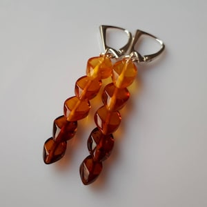 Genuine Baltic Amber Overlapping Cognac Clear Orange Solid Earrings 925 Sterling Silver (005)GiftGem Stone Hand Carved Love Jewelry Dangling