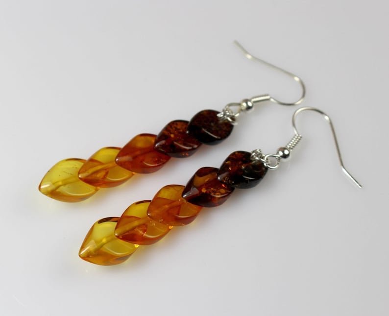 Genuine Baltic Amber Overlapping Mixed Earrings Silver Gem Gift Stone Cognac Orange Clear Yellow Hand Carved Jevelry Dangling Colorful