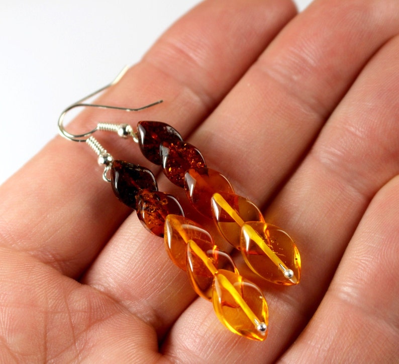 Genuine Baltic Amber Overlapping Mixed Earrings Silver Gem Gift Stone Cognac Orange Clear Yellow Hand Carved Jevelry Dangling Colorful