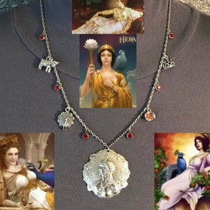 Queen Hera Juno Goddess Greek Roman Mythology Handmade Necklace, Pomegranate, Peacock, Diadem Crown, Cow, Red Rhinestones