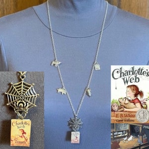 Charlotte’s Web by E. B. White Handmade Literature Long Necklace, Book Cover, Spider on Web, Pig, Cow, Rat, Barn