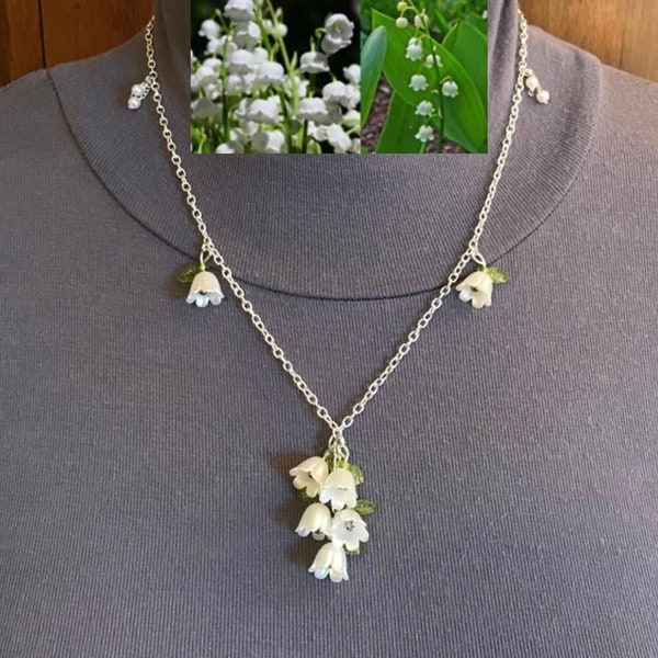 Lily of the Valley Dainty Silver and Pearl Handmade Necklace, Flowers, Leaves