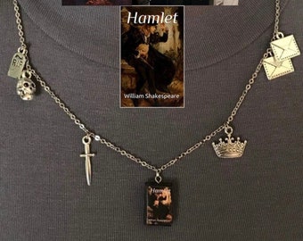 Hamlet by William Shakespeare Handmade Tragedy Literature Necklace, Book Cover, Skull, Sword, Crown, Letters