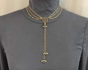 Save the Bees Gold Multi Stand Choker Lariat Necklace with Honeycomb & Rhinestone Bumblebees