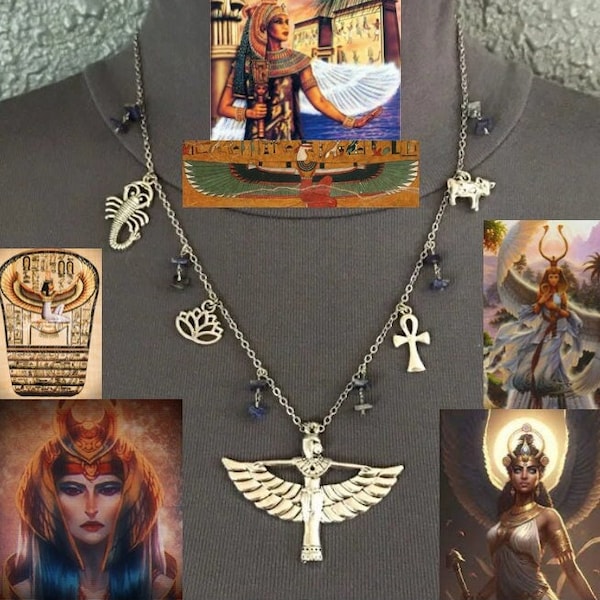 ISIS: the GREAT MOTHER Goddess Egyptian Mythology Handmade Necklace, Winged Isis, Scorpion, Lotus Flower, Cow, Ankh, Lapis Lazuli Chips