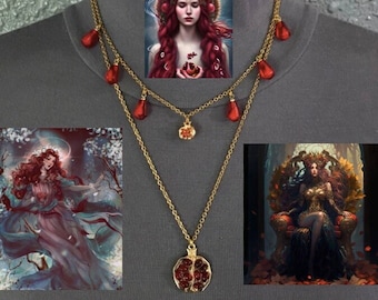 Persephone Greek Goddess Pomegranates and Seeds Handmade 2-Layer Gold Necklace