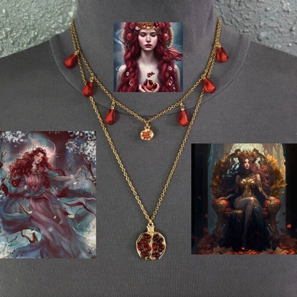 Persephone Greek Goddess Pomegranates and Seeds Handmade 2-Layer Gold Necklace