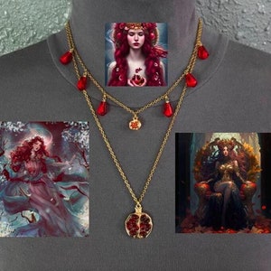 Persephone Proserpine Greek Roman Goddess of Spring Pomegranates and Seeds Handmade 2-Layer Gold Necklace, Cubic Zirconia, Pagan