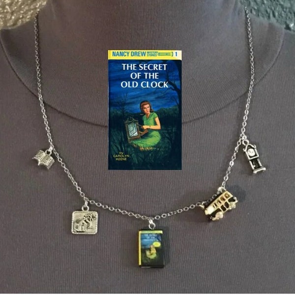 Nancy Drew Mysteries #1 The Secret of the Old Clock by Carolyn Keene Handmade Literature Necklace, Book Cover, Clock, Cabin, Journal, Van