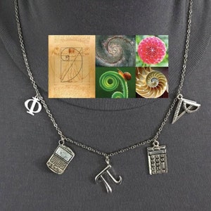 May include: Silver-toned necklace featuring charms related to mathematics and art. Charms include a laptop, calculator, pi symbol, and a drawing of the Vitruvian Man. The necklace also has charms of a protractor and a Phi symbol.