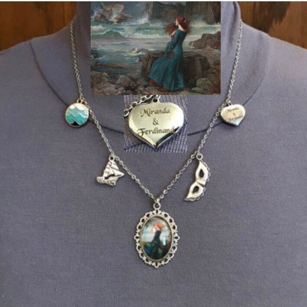 Miranda Necklace William Shakespeare's The Tempest Handmade Literature Character Necklace, Portrait, Ship, Ocean Waves, Mask, Heart