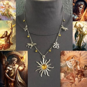 Apollo: God of the Sun Greek Roman Mythology Handmade Necklace, Sun, Lyre, Wolf, Raven, Bow & Arrow, Citrine Rhinestones