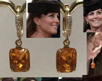 Kate Middleton Gold Rhinestone Hoop with Citrine Earrings, Handmade Replicas