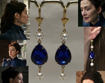 Moiraine's Teardrop Sapphire & Freshwater Pearl Earrings Wheel of Time Handmade Replicas, Aes Sedai, Blue Ajah