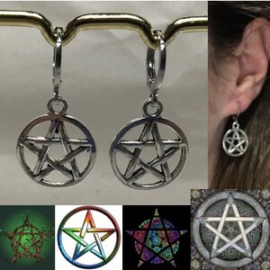 Orecchini a cerchio fatti a mano in argento con pentagramma, pagano gotico, wicca, stelle circondate