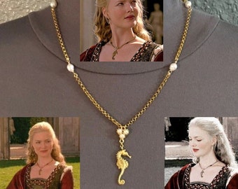 Lucrezia Borgia Gold Seahorse with White Pearls Renaissance Necklace, Handmade Replica of the necklace from The Borgias