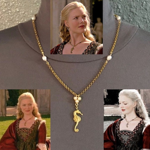 Lucrezia Borgia, hippocampe en or avec perles blanches, collier Renaissance, réplique faite main du collier des Borgia