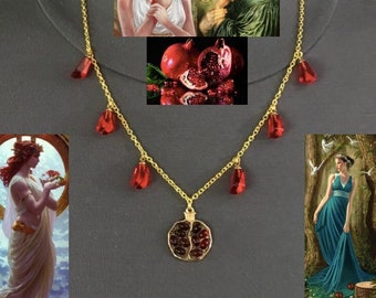 Persephone Greek Goddess Mythology Pomegranate and Pomegranate Seeds Handmade Gold & Red Necklace