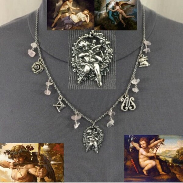 EROS: GOD of LOVE Greek Roman Mythology Handmade Necklace, Art Nouveau Cupid, Bow & Arrow, Lyre, Rose, Hare, Rose Quartz Chips